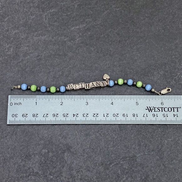 Blue Green Shimmery "Bethany" Beaded Bracelet | Vintage Sterling Silver 925 | 6" - Picture 12 of 13